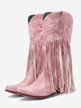 Suede Roze Westerse Laarzen Dames Puntige Neus Kwastje Cowboylaarzen