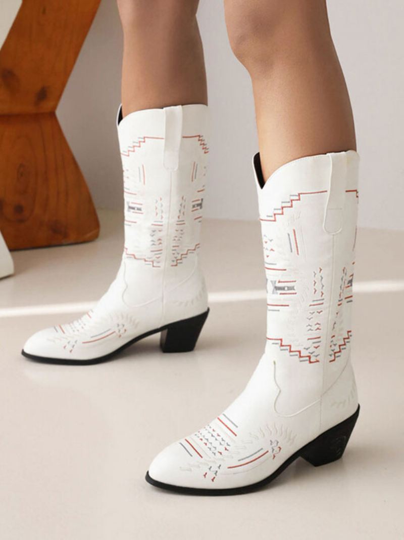 Witte Dameslaarzen Pu-leer Puntige Neus Halfhoge Cowboylaarzen Cowgirl-trouwschoenen