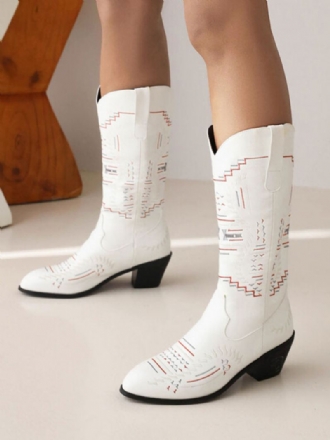 Witte Dameslaarzen Pu-leer Puntige Neus Halfhoge Cowboylaarzen Cowgirl-trouwschoenen