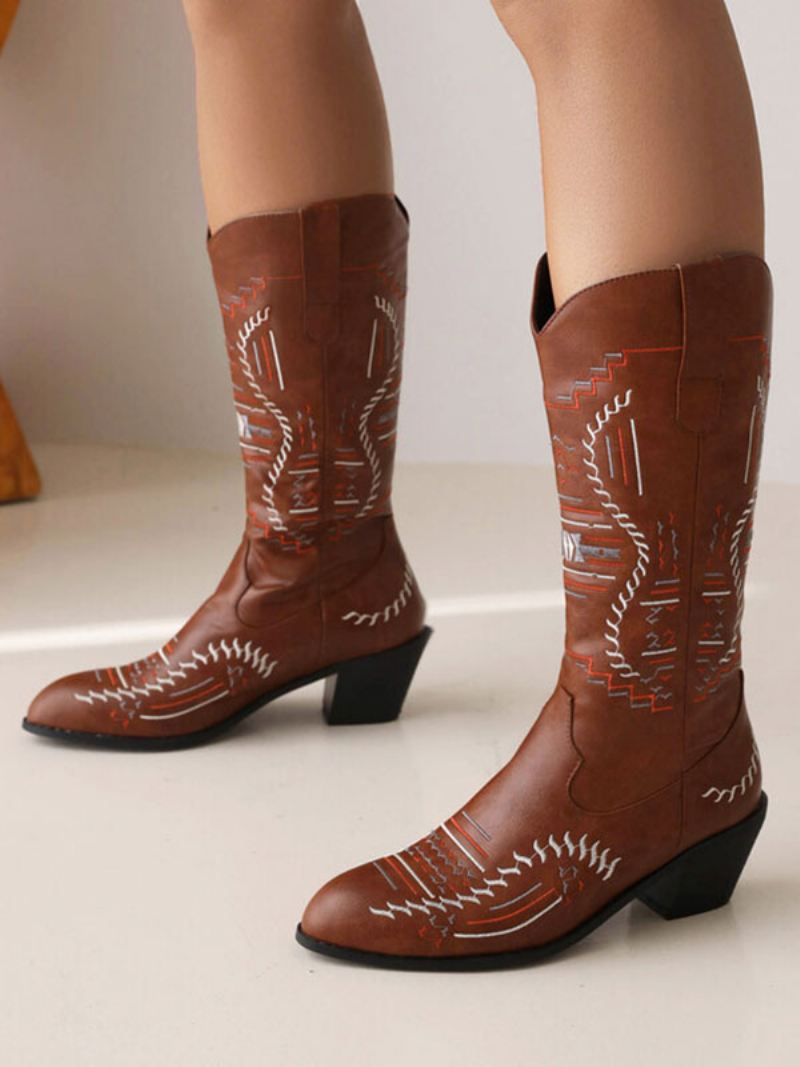 Witte Dameslaarzen Pu-leer Puntige Neus Halfhoge Cowboylaarzen Cowgirl-trouwschoenen - Diepbruin