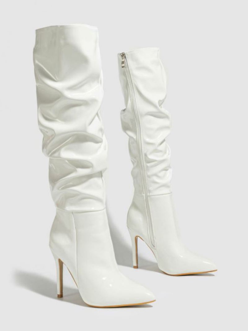 Witte Slouchlaarzen Dames Kniehoge Laarzen Met Puntige Neus Stilettohak - Wit