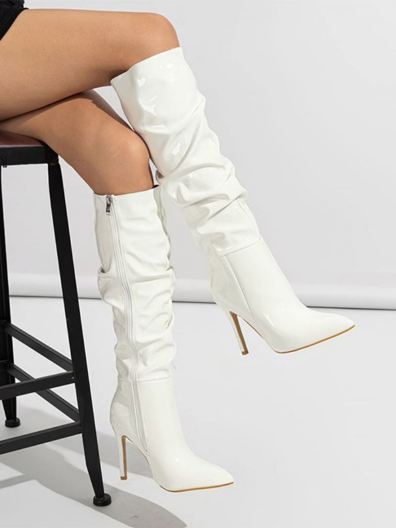 Witte Slouchlaarzen Dames Kniehoge Laarzen Met Puntige Neus Stilettohak - Wit