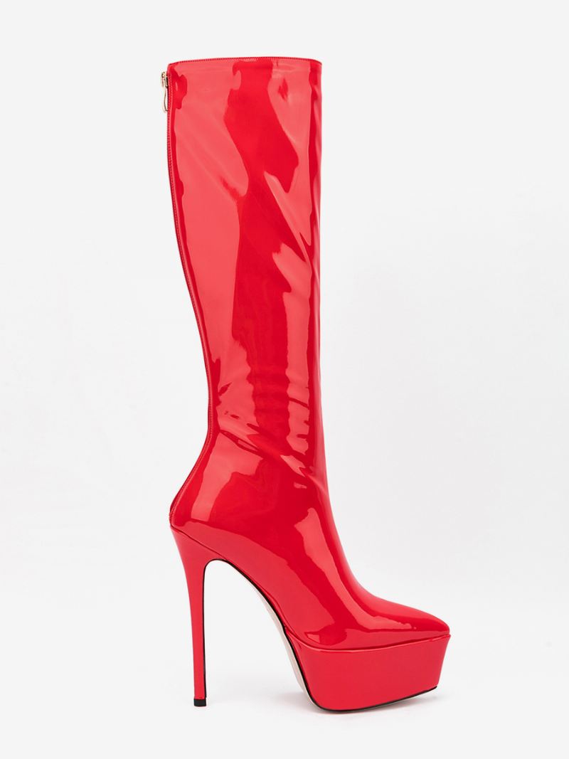 Zilveren Sexy Laarzen Platform Puntige Neus Stiletto Hak Halfhoge Kuitlaarzen Dames - Rood