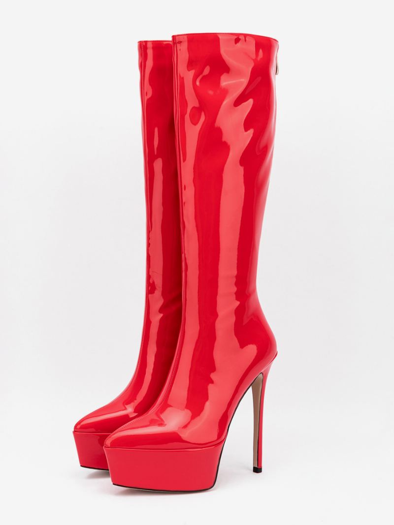 Zilveren Sexy Laarzen Platform Puntige Neus Stiletto Hak Halfhoge Kuitlaarzen Dames - Rood