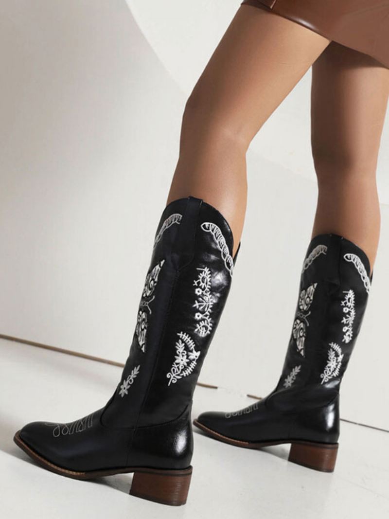 Zwarte Cowboylaarzen Dames Puppy Hak Halfhoge Kuitlaarzen Cowgirl Trouwschoenen