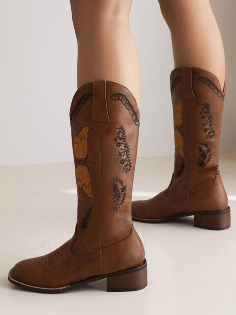 Zwarte Cowboylaarzen Dames Puppy Hak Halfhoge Kuitlaarzen Cowgirl Trouwschoenen - Diepbruin