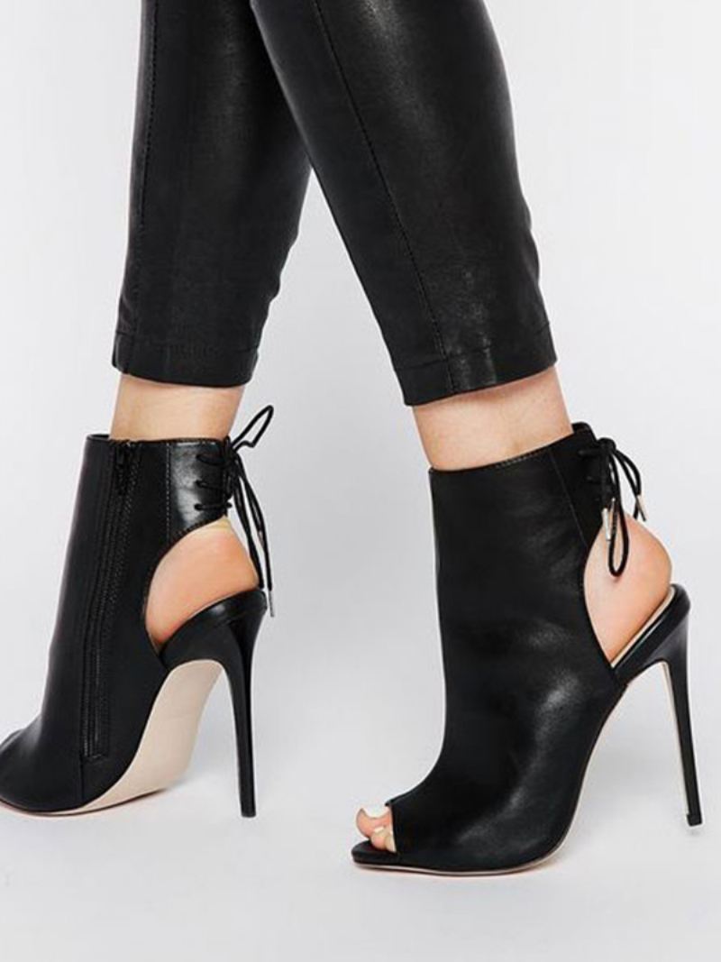 Zwarte Enkel-peep-toe-slingbacks Met Veters Hoge Hakken Dames