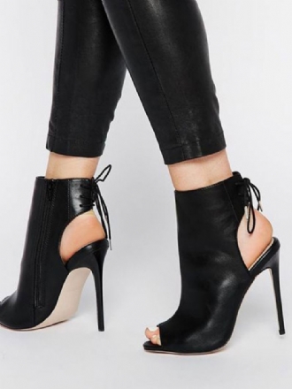 Zwarte Enkel-peep-toe-slingbacks Met Veters Hoge Hakken Dames