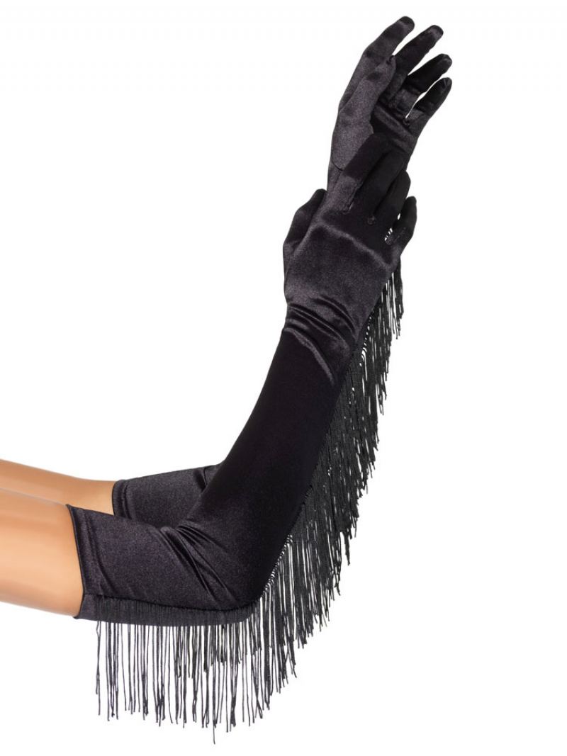 Dames Zwarte Handschoenen Fringe Ellebooglengte Nylon