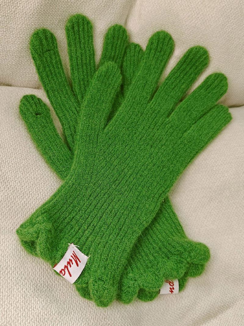 Geribbelde Gebreide Handschoenen Effen Kleur Herfst-winterhandschoenen Dames - Grasgroen