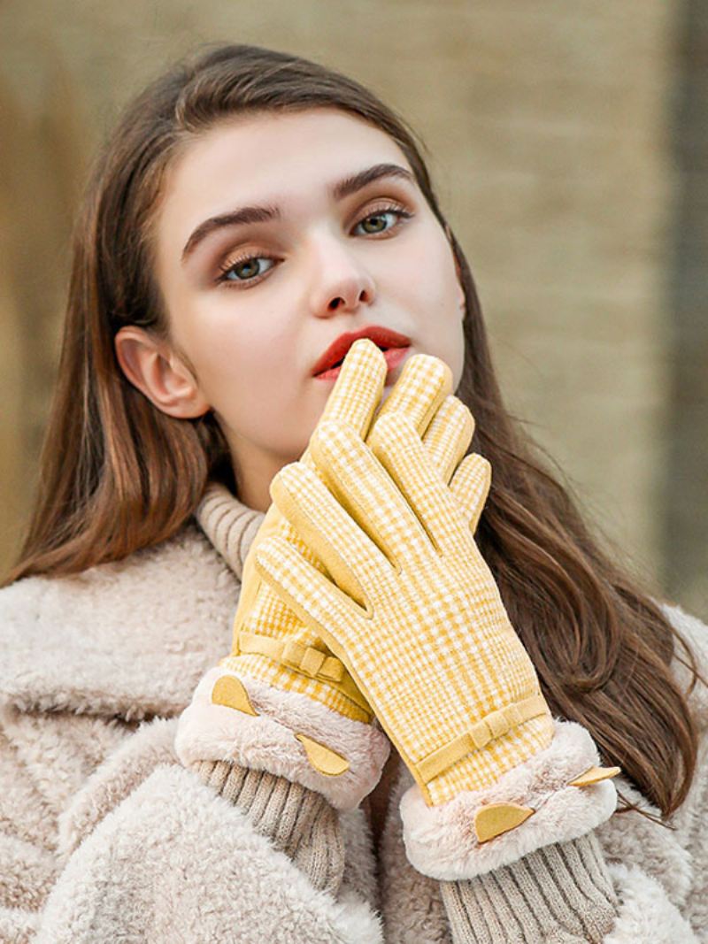 Geruite Strikken Korte Dames Warme Verwarmde Winter Handschoenen - Geel