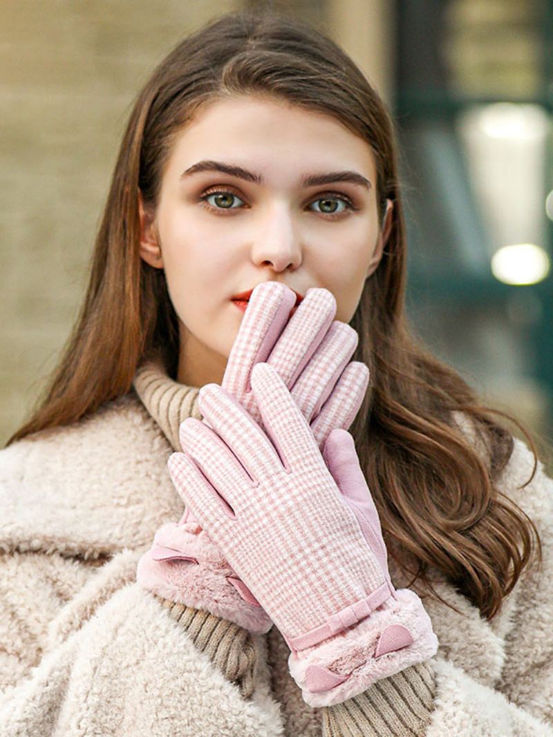 Geruite Strikken Korte Dames Warme Verwarmde Winter Handschoenen - Roze