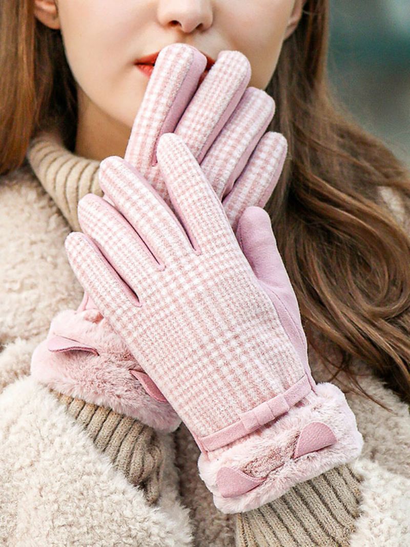 Geruite Strikken Korte Dames Warme Verwarmde Winter Handschoenen - Roze