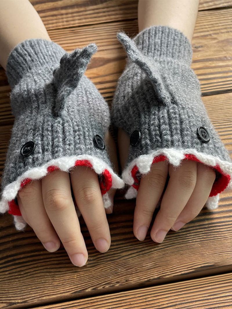 Handschoenen Dames Dierenprint Gehaakte Haaivorm Vingerloos Homewear Winter Warm Schattig Acc - Grijs