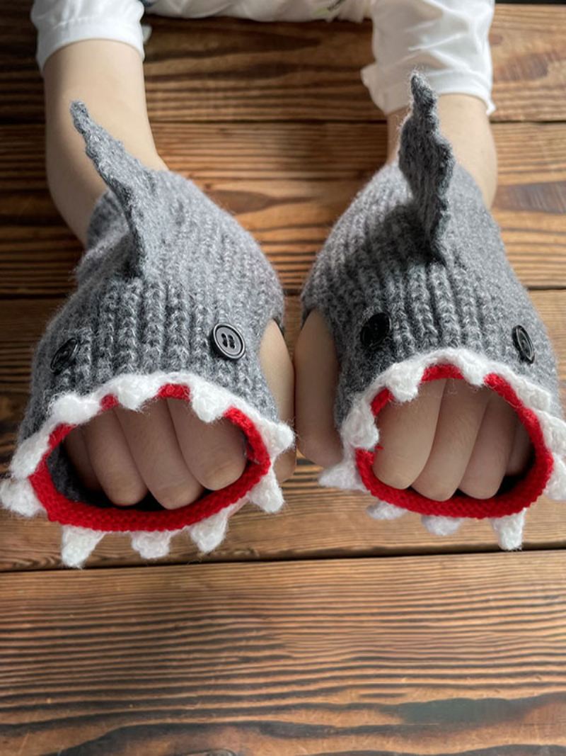 Handschoenen Dames Dierenprint Gehaakte Haaivorm Vingerloos Homewear Winter Warm Schattig Acc - Grijs