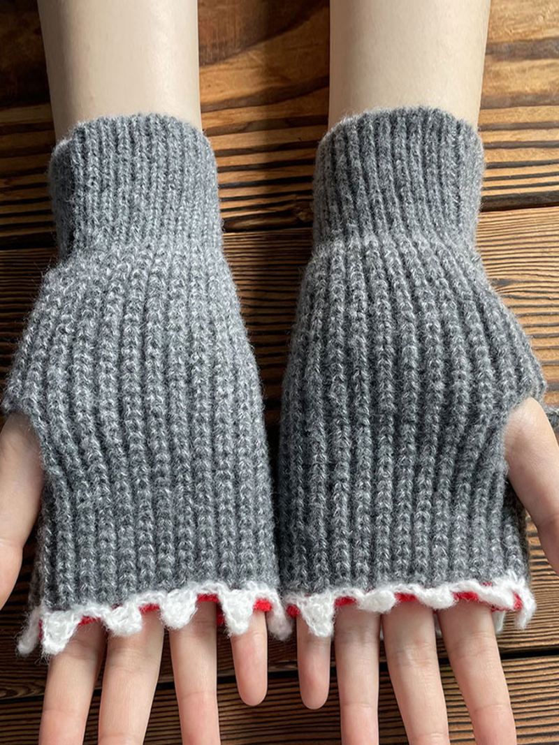 Handschoenen Dames Dierenprint Gehaakte Haaivorm Vingerloos Homewear Winter Warm Schattig Acc - Grijs