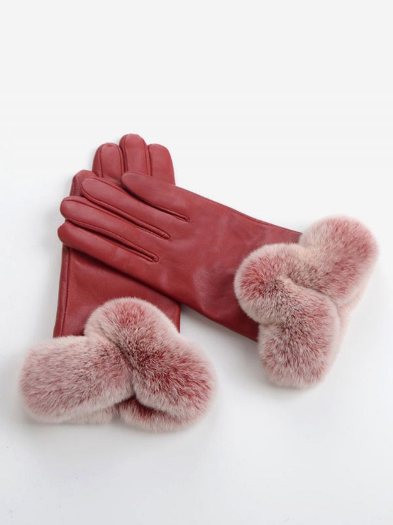 Imitatiebont Decor Korte Dames Warme Verwarmde Winter Pu-leer Waterdichte Handschoenen - Rood