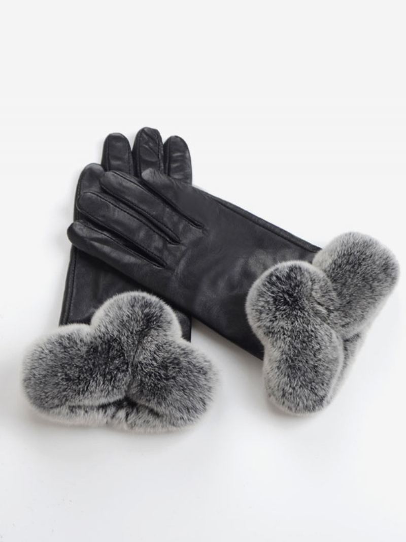 Imitatiebont Decor Korte Dames Warme Verwarmde Winter Pu-leer Waterdichte Handschoenen - Zwart