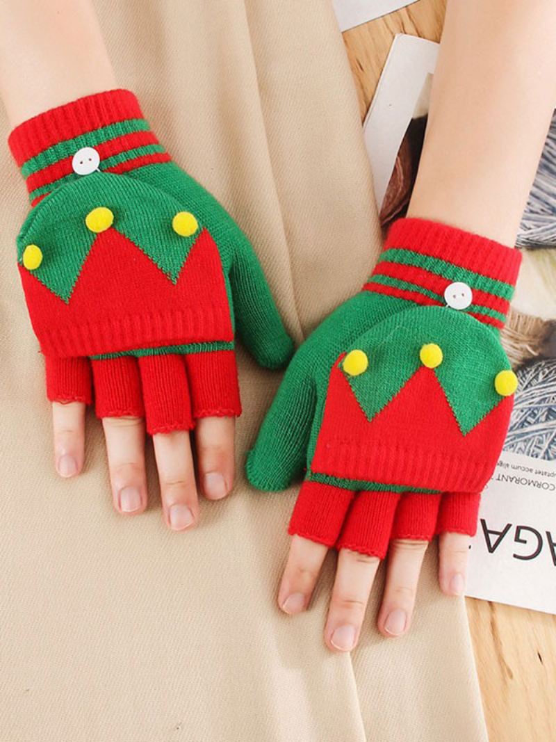 Kerstdecor Bedrukte Korte Dames Warme Verwarmde Winter Vingerloze Handschoenen - Groen