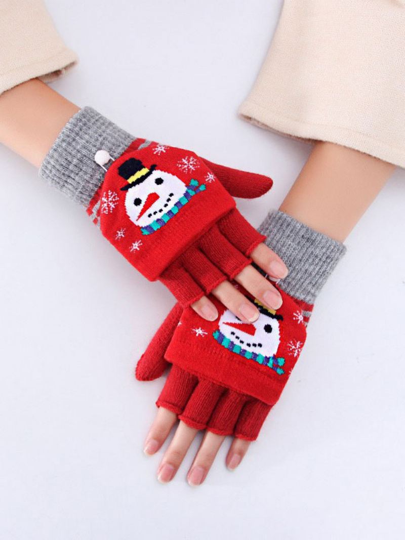 Kerstdecor Bedrukte Korte Dames Warme Verwarmde Winter Vingerloze Handschoenen - Rood