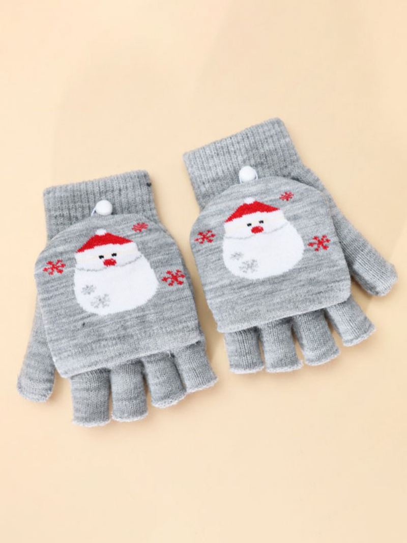 Kerstdecor Bedrukte Korte Dames Warme Verwarmde Winter Vingerloze Handschoenen - Lichtgrijs