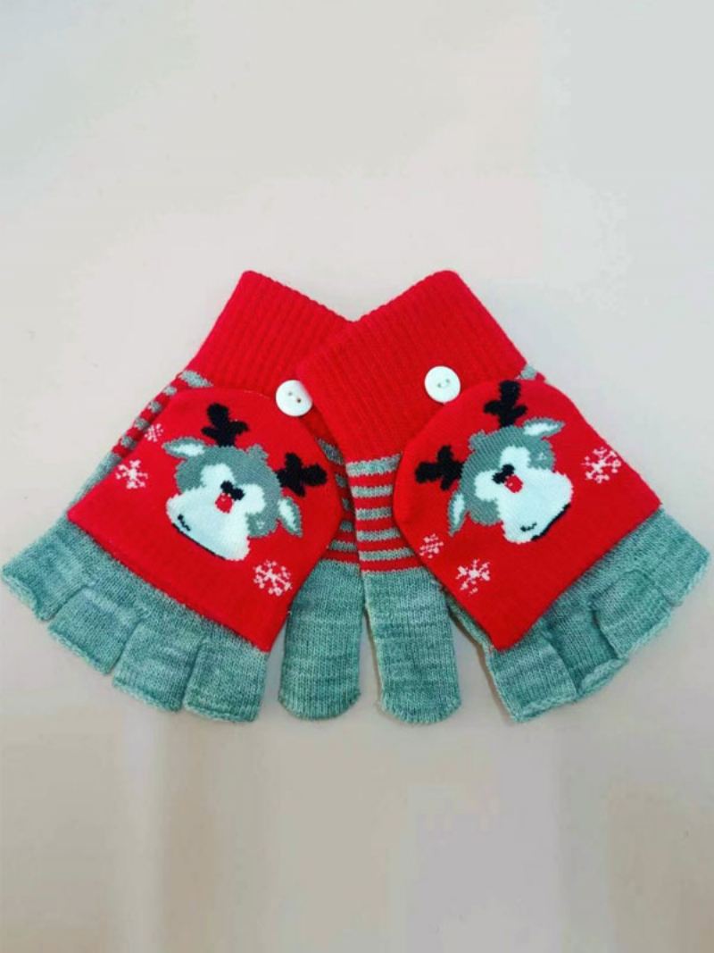 Kerstdecor Bedrukte Korte Dames Warme Verwarmde Winter Vingerloze Handschoenen - Salie