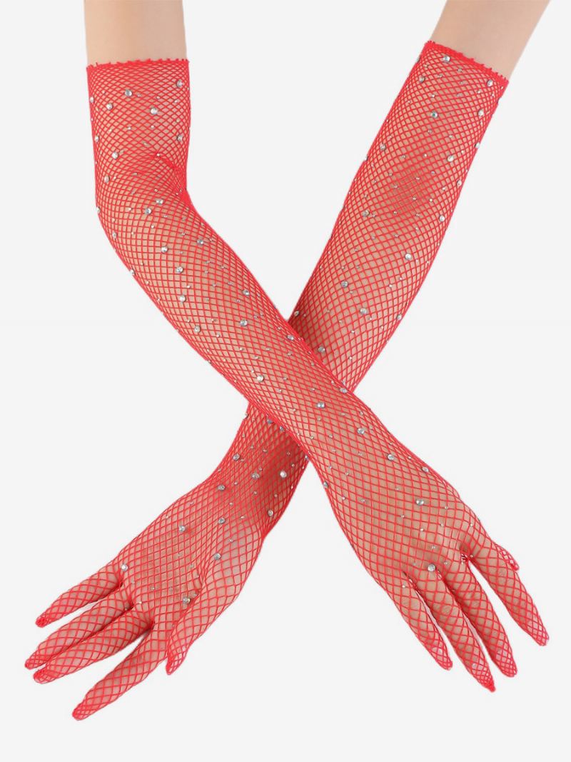 Strass Mesh Arm Mouw Bling Visnet Lange Handschoenen Dames - Rood