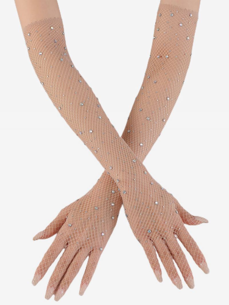 Strass Mesh Arm Mouw Bling Visnet Lange Handschoenen Dames - Beige