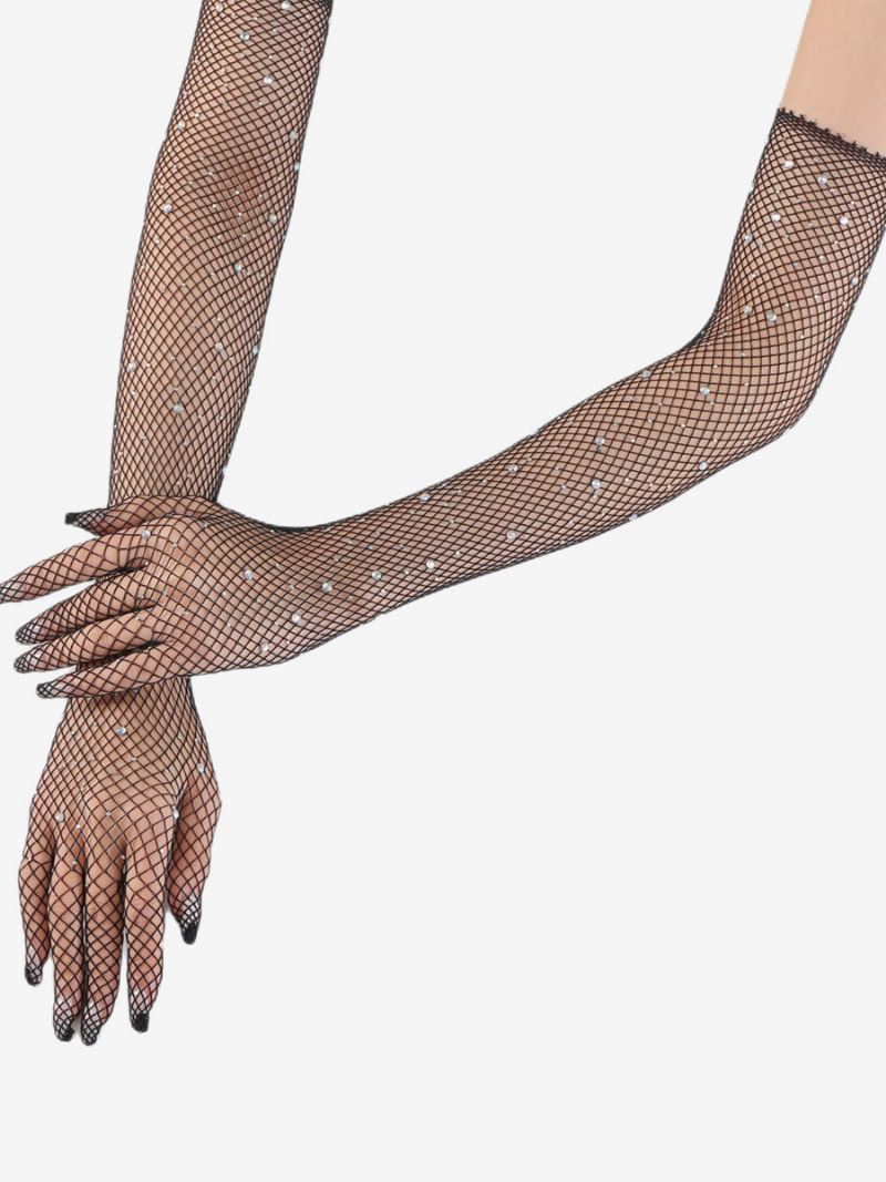 Strass Mesh Arm Mouw Bling Visnet Lange Handschoenen Dames - Zwart