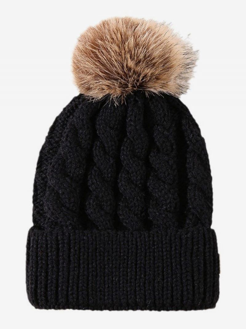 Gebreide Muts Pom Poms Gevlochten Patroonmutsen Lente Herfst Winter - Zwart