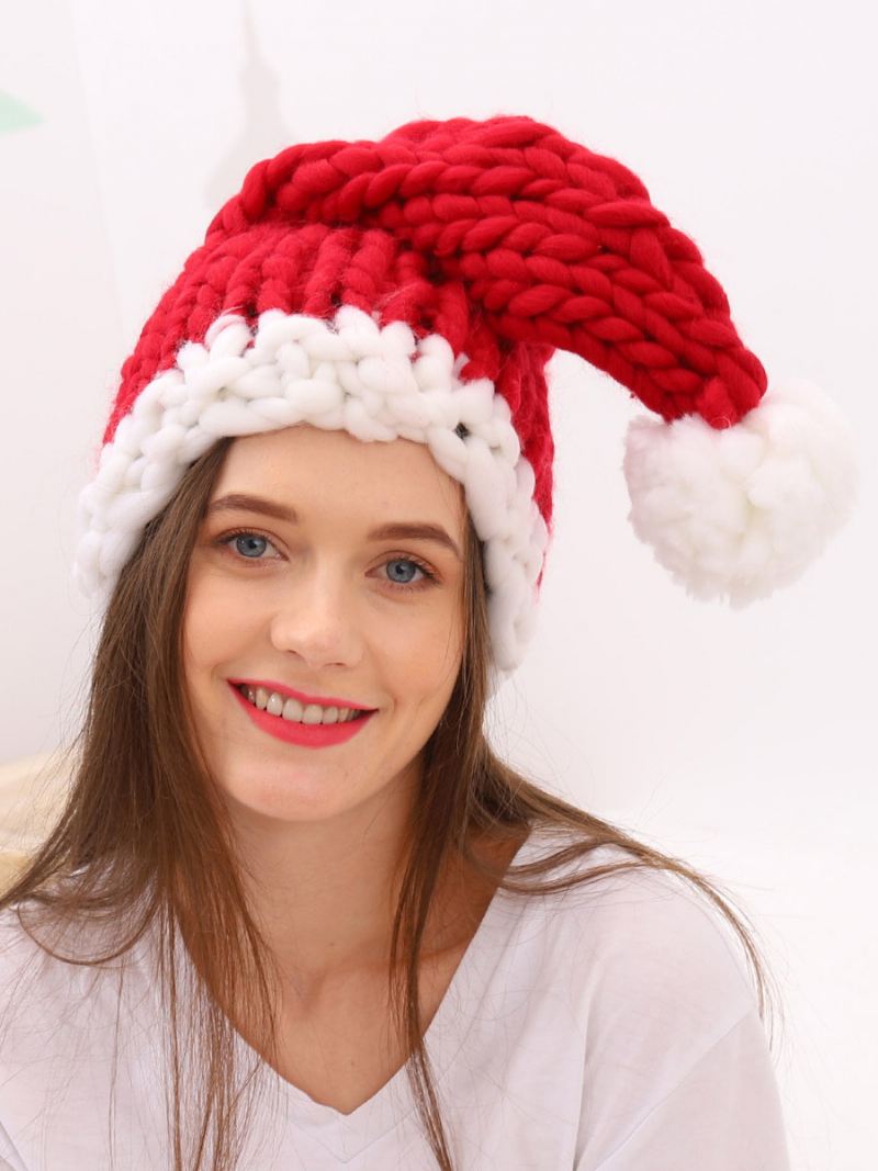 Kerst Kerstmuts Familie Handgebreide Pom Poms Decoratie Cap - Rood