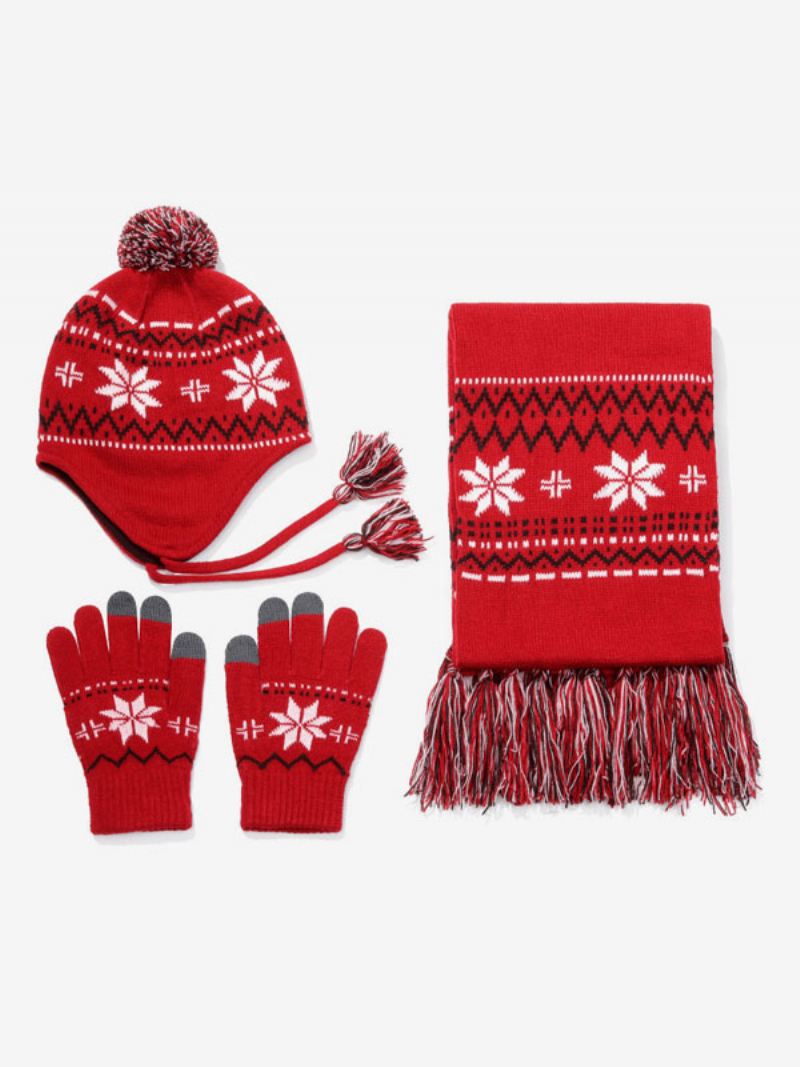 Kerstcadeau Sjaal Muts Handschoenen 3 Stuks Set Rood - Rood