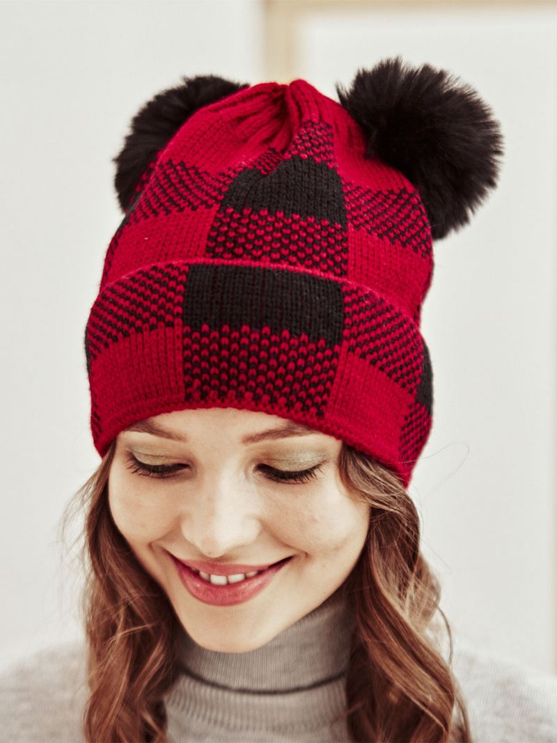 Petten Dames Modern Pom Poms Plaid Acryl Winter Warm Acc - Rood