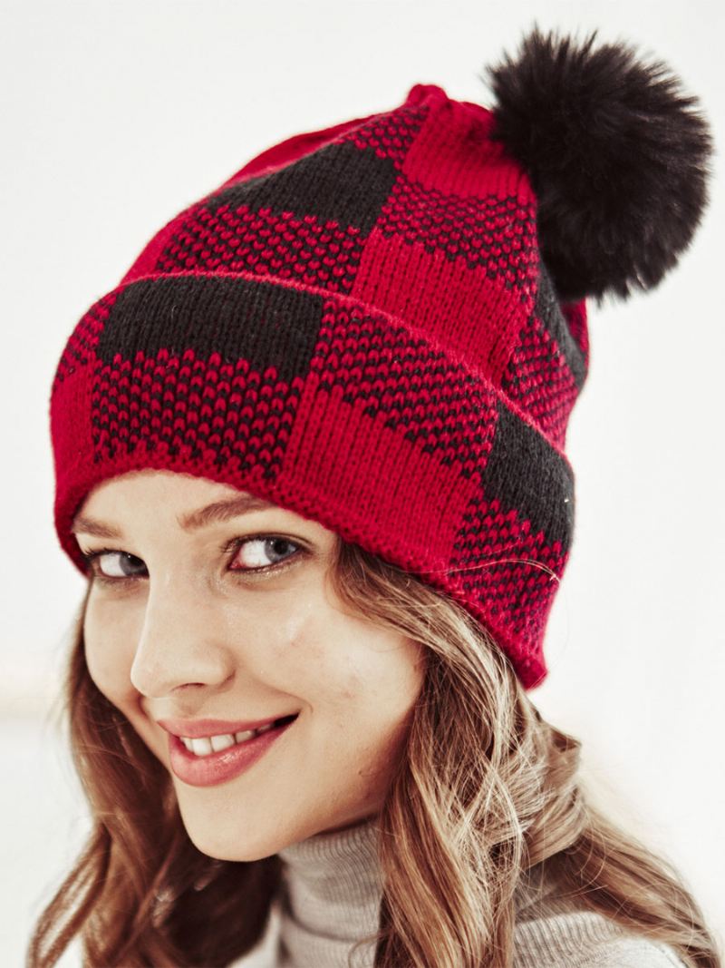 Petten Dames Modern Pom Poms Plaid Acryl Winter Warm Acc - Rood