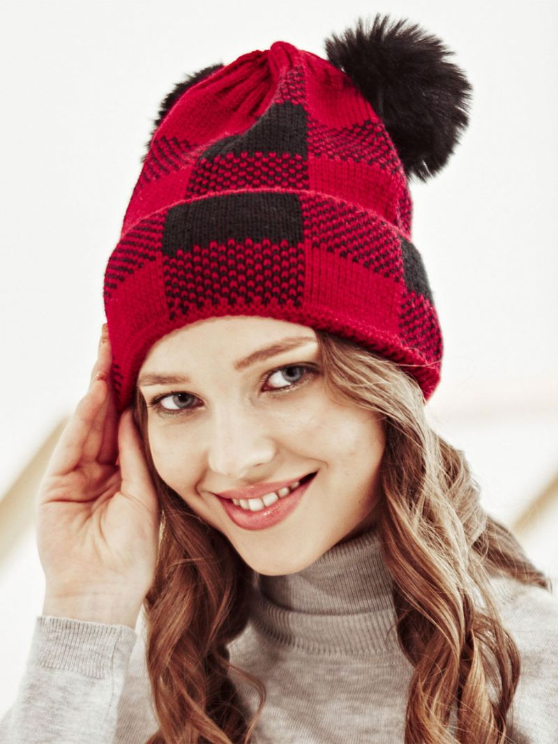 Petten Dames Modern Pom Poms Plaid Acryl Winter Warm Acc - Rood