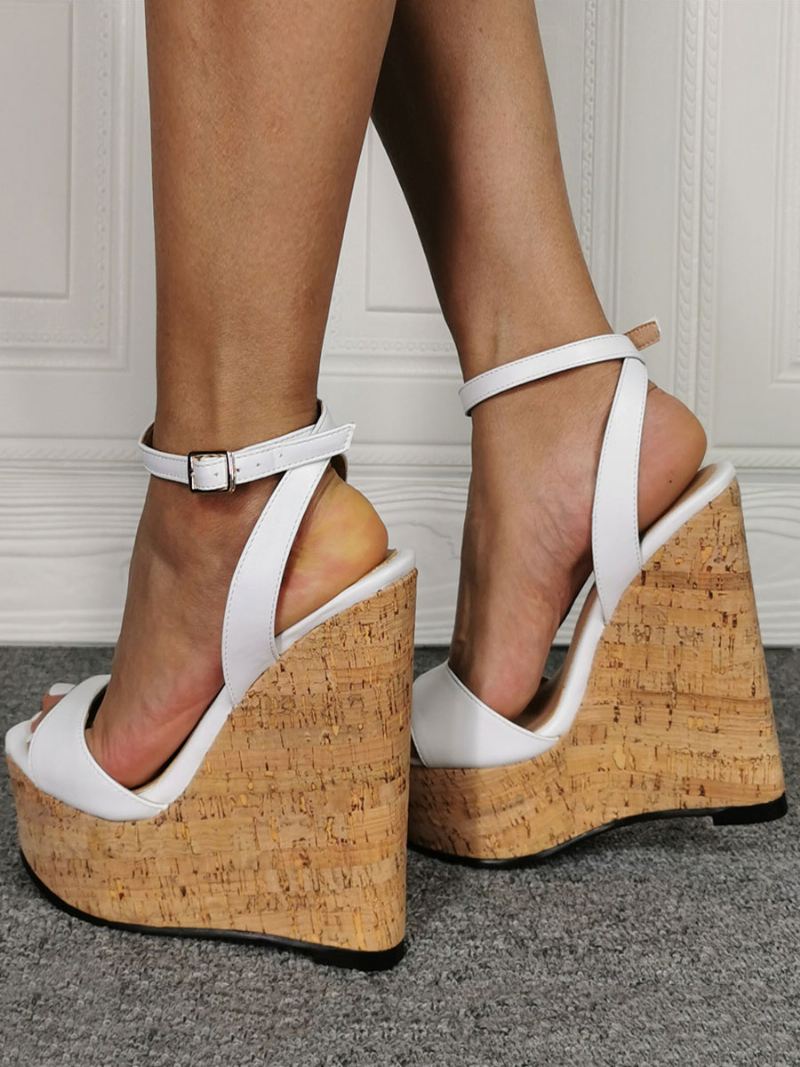 Dames Sexy Sandaal Wedges Witte Slingback Platform Enkelband Wedge Sandalen - Wit