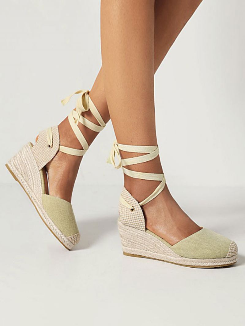 Dames Wedge Heels Met Veters Ronde Neus Badstof Wedges - Salie