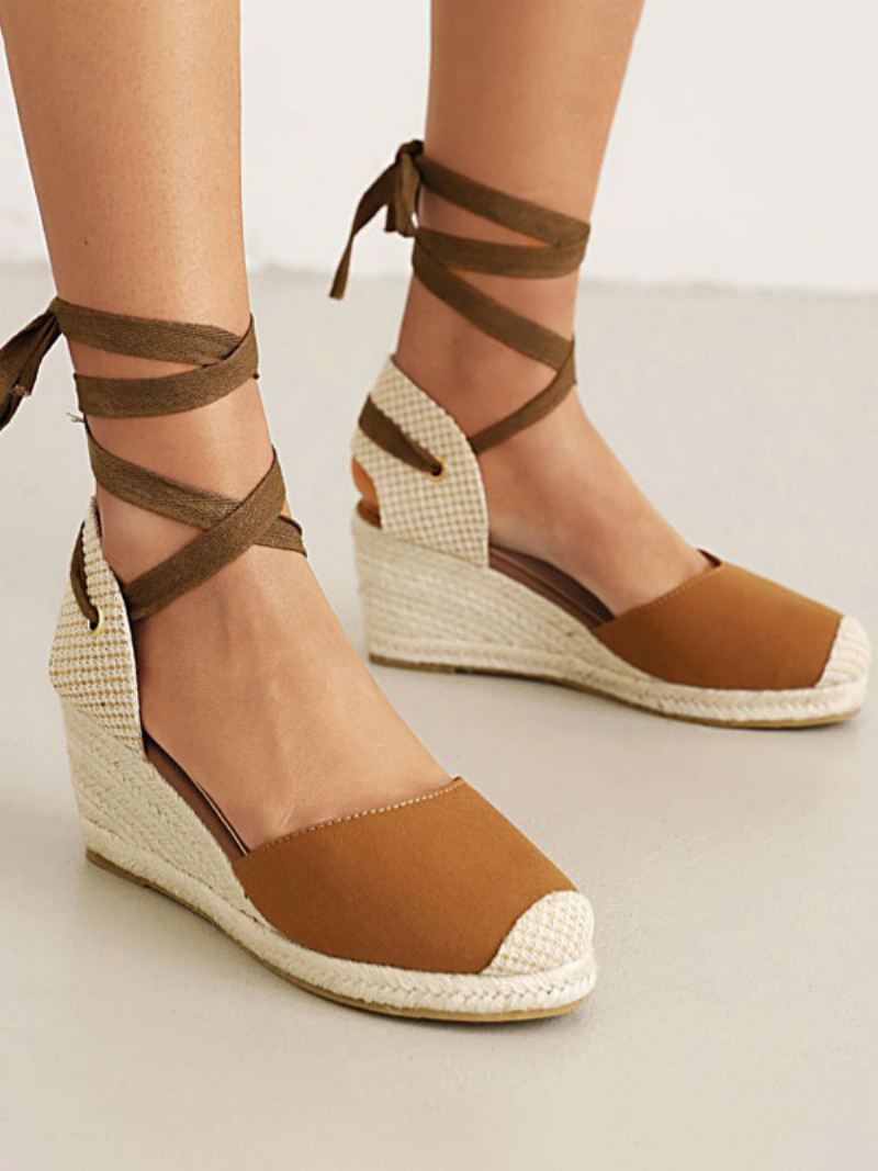 Dames Wedge Heels Met Veters Ronde Neus Badstof Wedges - Kameel