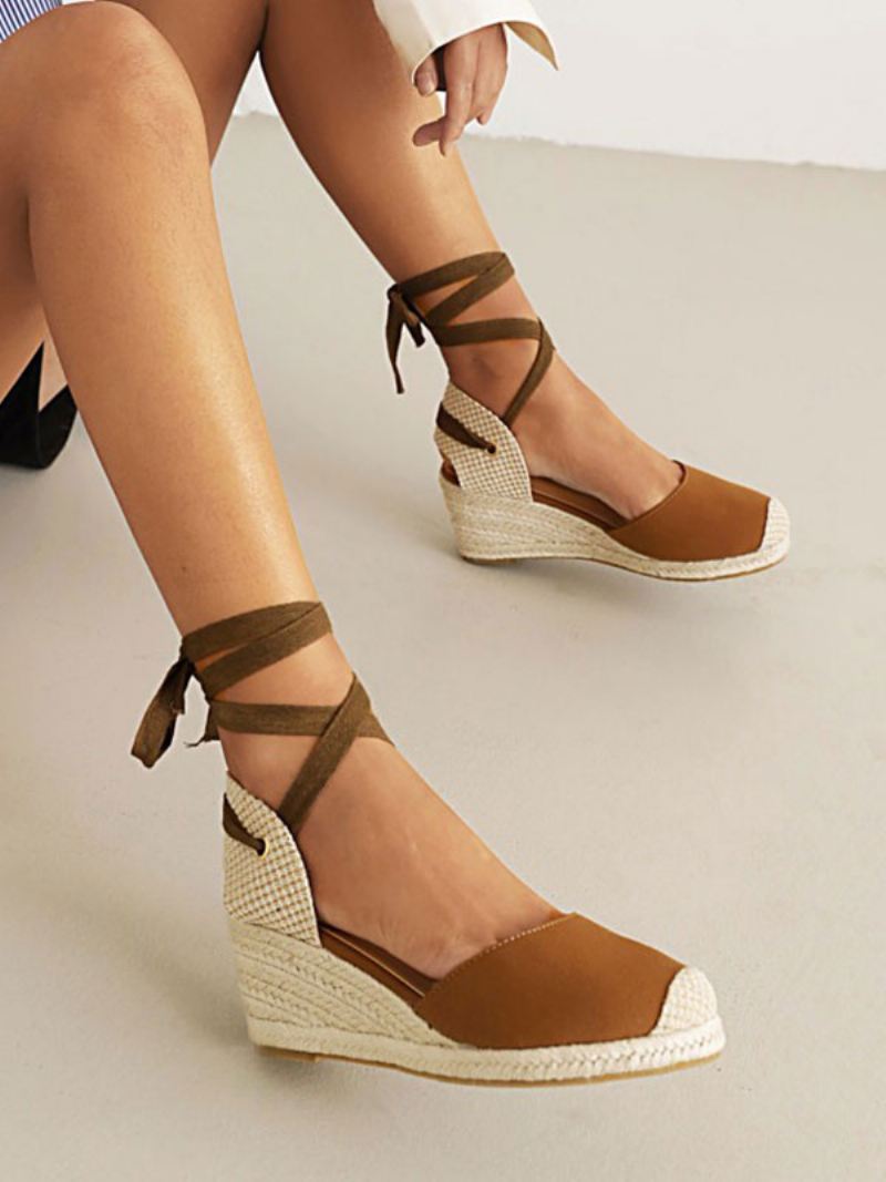 Dames Wedge Heels Met Veters Ronde Neus Badstof Wedges - Kameel