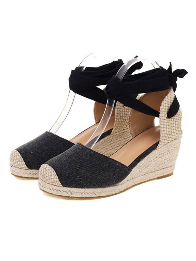 Dames Wedge Heels Met Veters Ronde Neus Badstof Wedges - Zwart