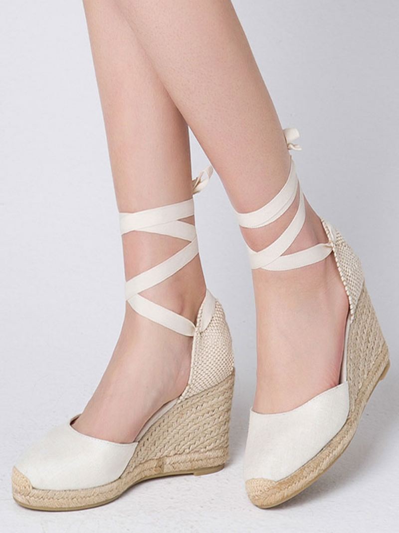 Dames Wedge Heels Met Veters Spitse Neus Badstof Wedges