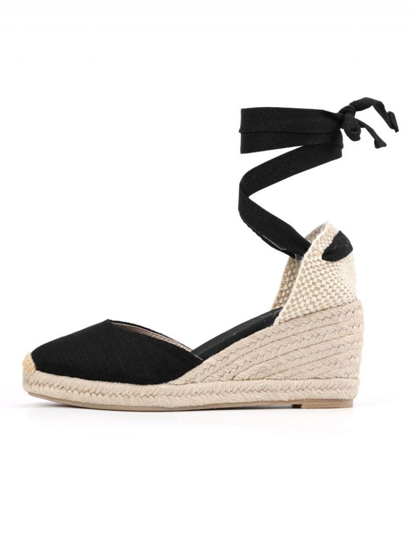 Dames Wedge Heels Met Veters Spitse Neus Badstof Wedges - Zwart