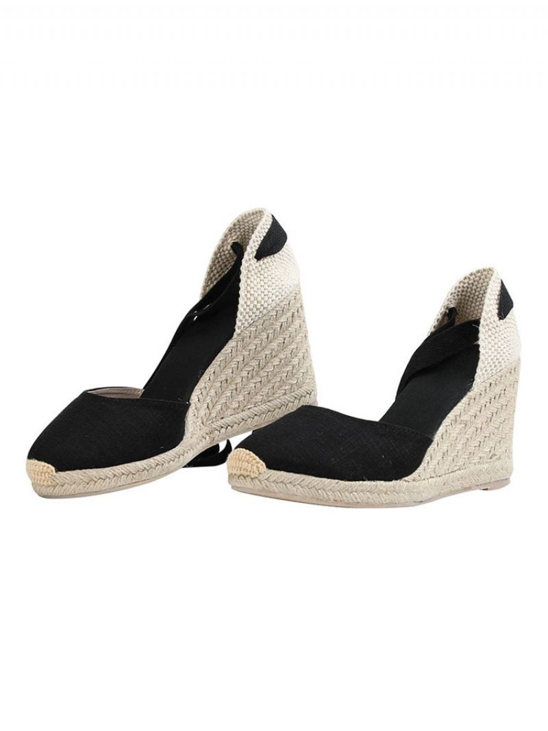 Dames Wedge Heels Met Veters Spitse Neus Badstof Wedges - Zwart