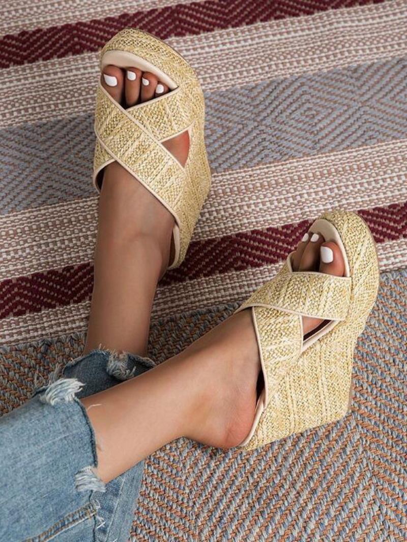 Damesrieten Sleehaksandalen Platform Open Teen Criss Cross Sandal Slides - Licht Geel