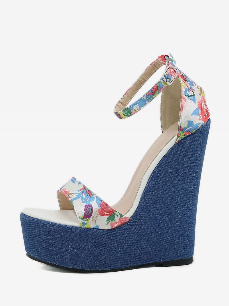 Damessandalen Met Sleehak Denim Platform Bloemenprint Enkelbandje - Blauw