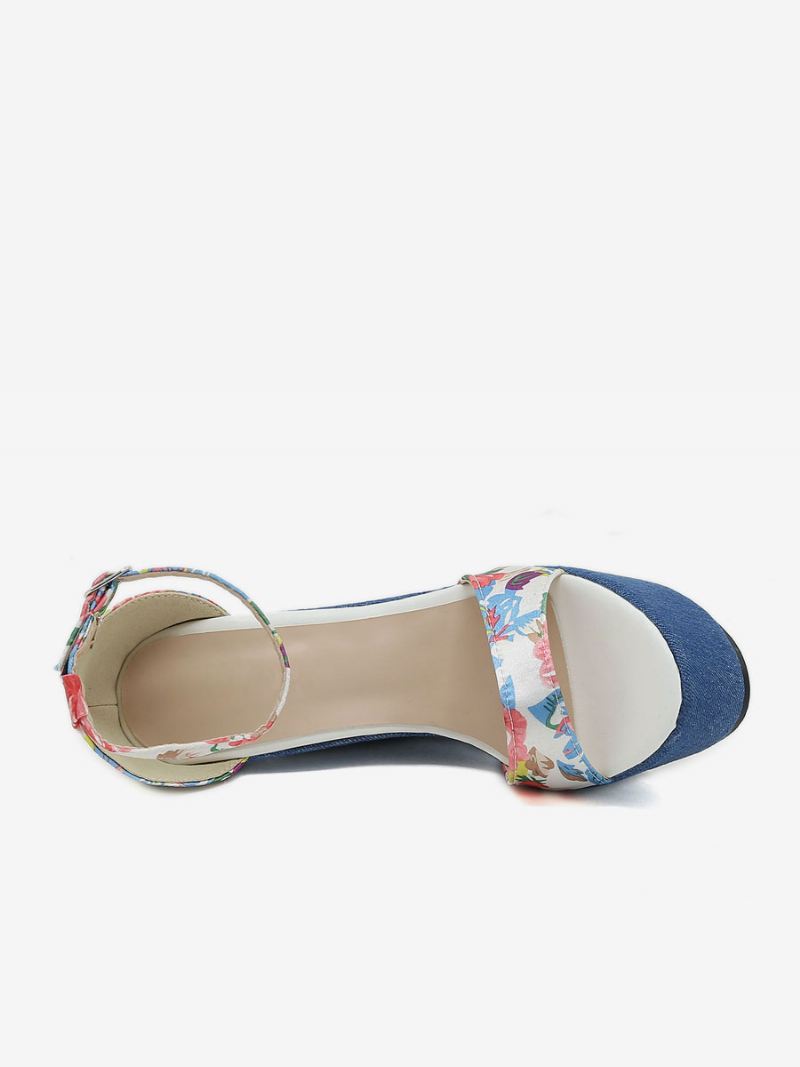 Damessandalen Met Sleehak Denim Platform Bloemenprint Enkelbandje - Blauw