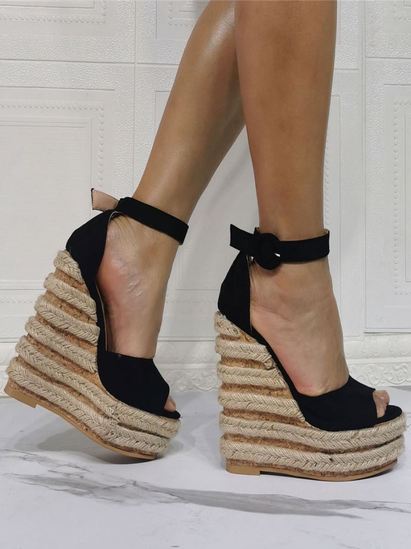 Espadrille-sleehaksandalen Met Enkelbandje Dames - Zwart