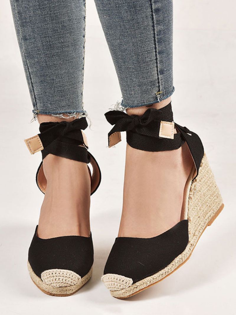 Espadrilles-sandalen Badstof Met Puntige Neus Dames - Zwart