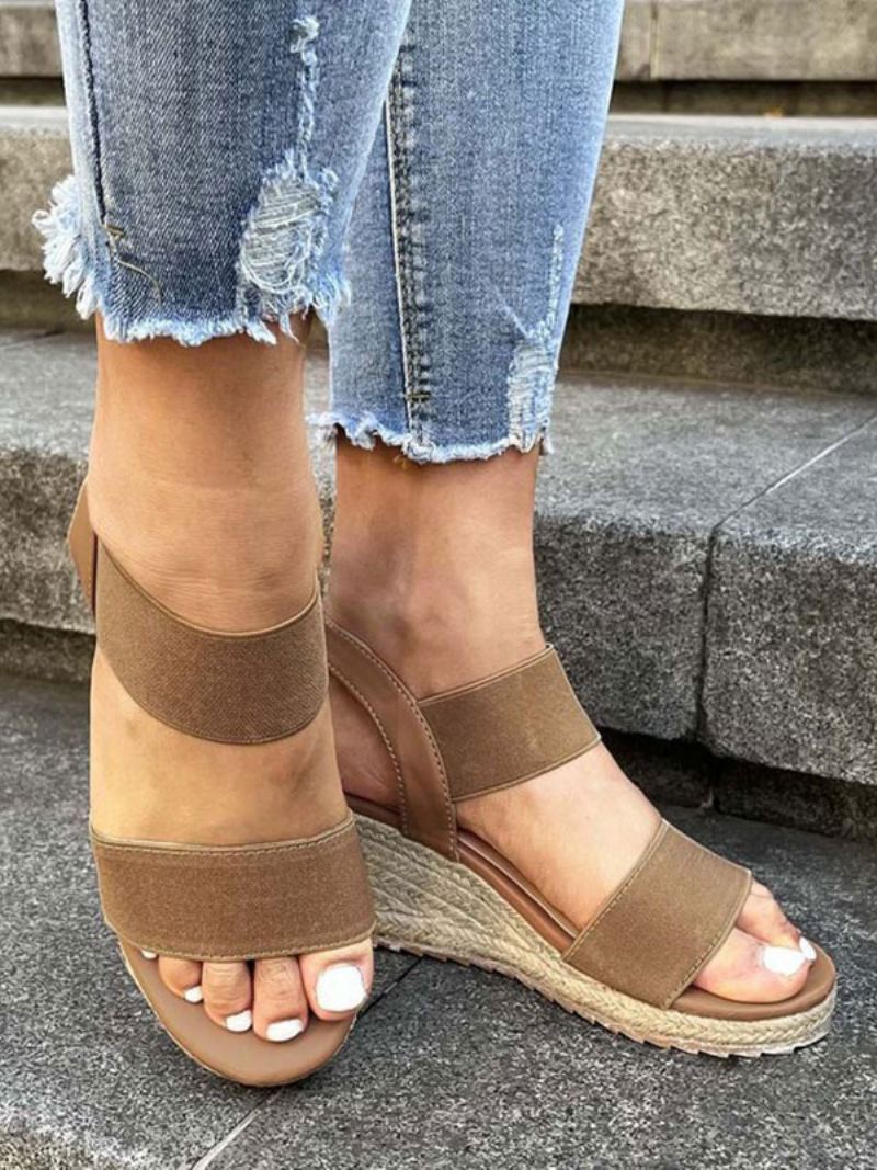 Espadrilles-sandalen Met Sleehak Dames Street Wear Pu-leer Open Teen - Koffiebruin