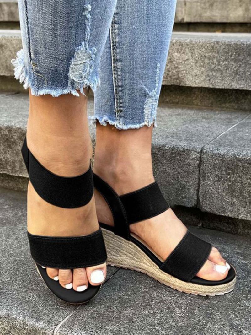 Espadrilles-sandalen Met Sleehak Dames Street Wear Pu-leer Open Teen - Zwart